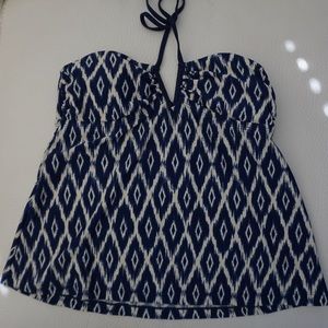 White and navy tankini with bikini bottom